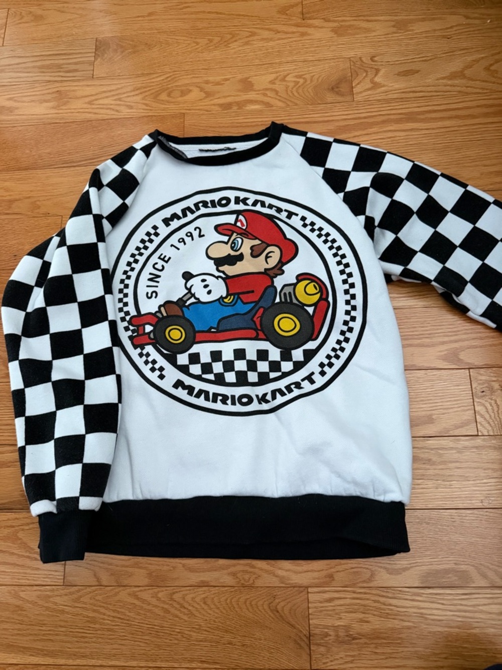Nintendo Mario Kart White & Black Checkered Crewneck Sweater